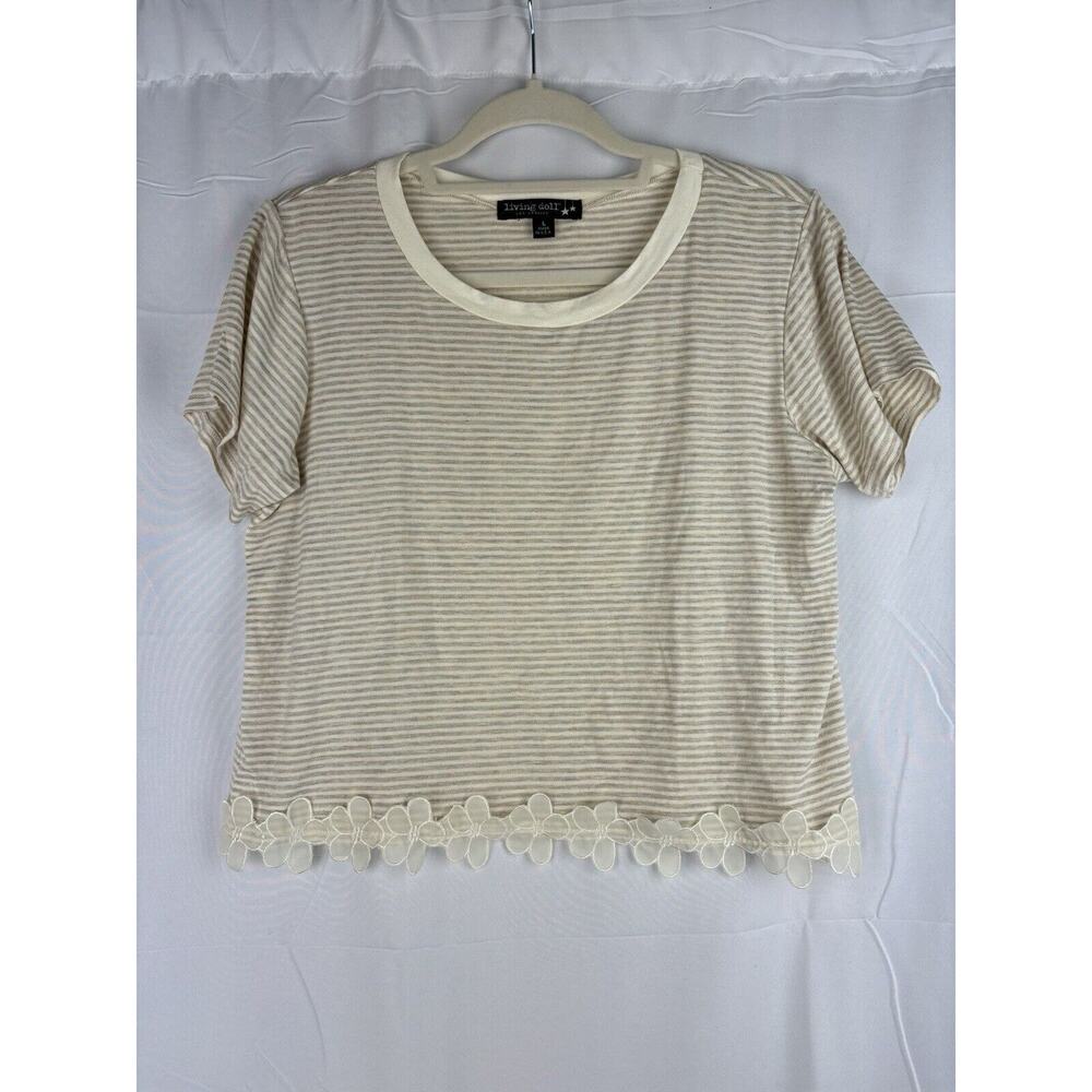 Living Doll Y2K 90s Short Sleeve Floral Detail Striped Top Tee Shirt Large